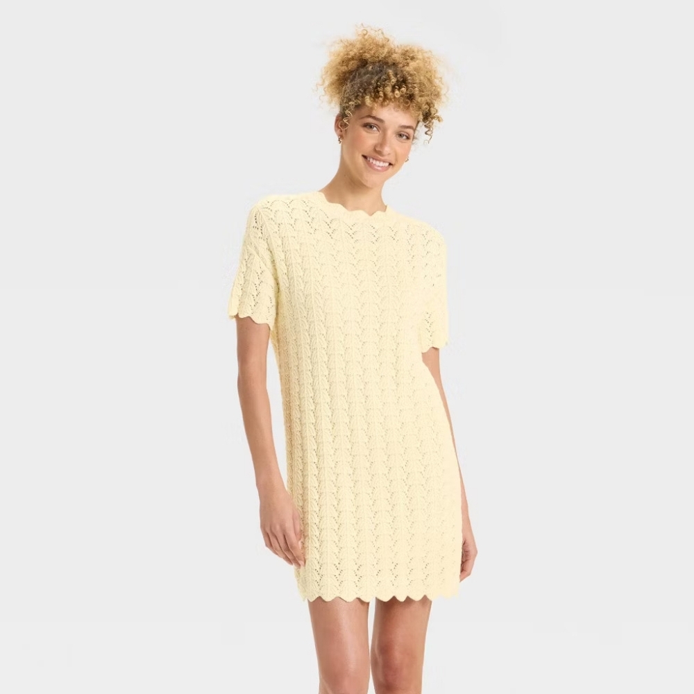 A New Day Knit Creamy Yellow Crochet Mini Dress Small NWT